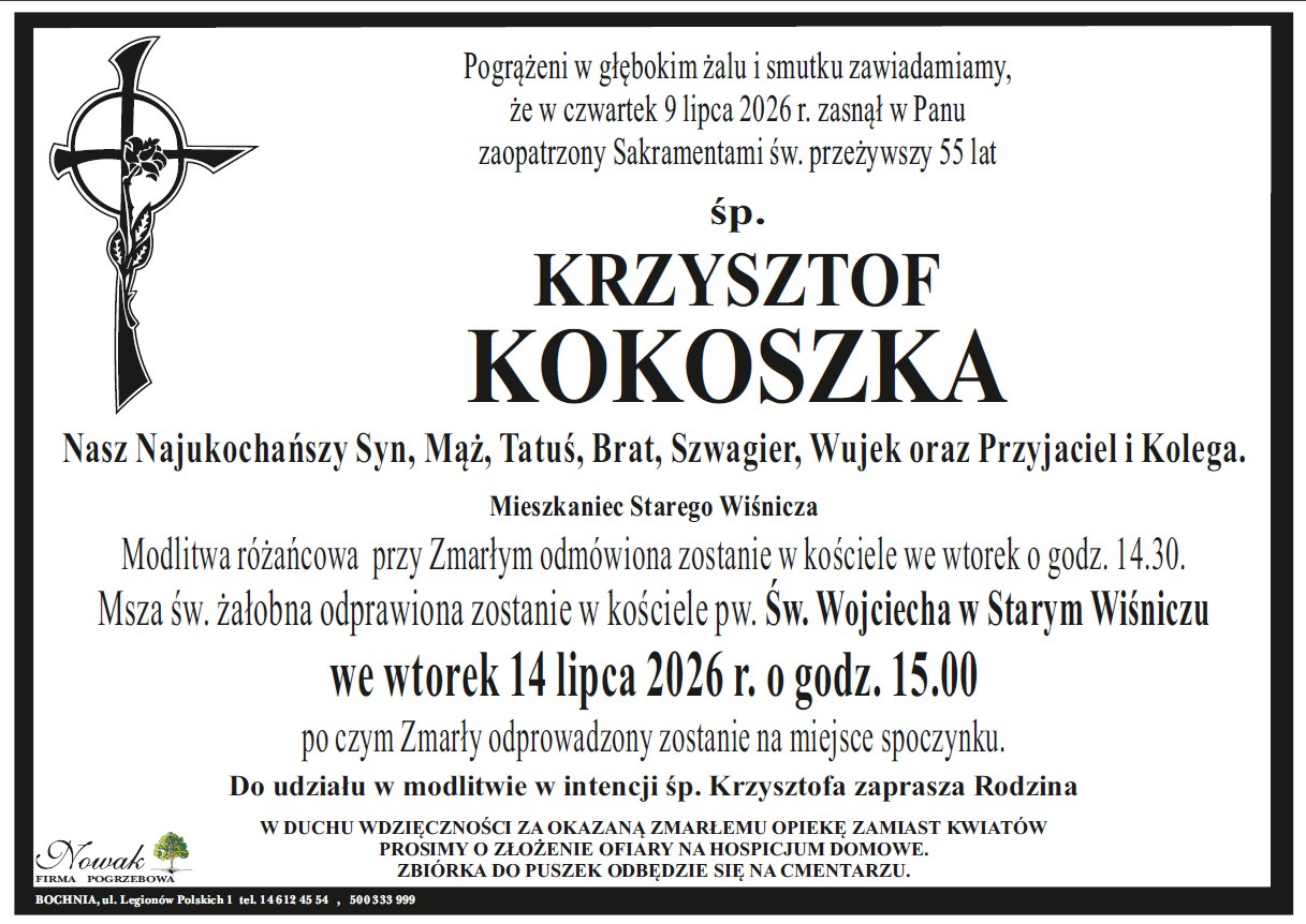 Z głębokim żalem przyjęliśmy wiadomość o śmierci śp. Krzysztofa Kokoszki